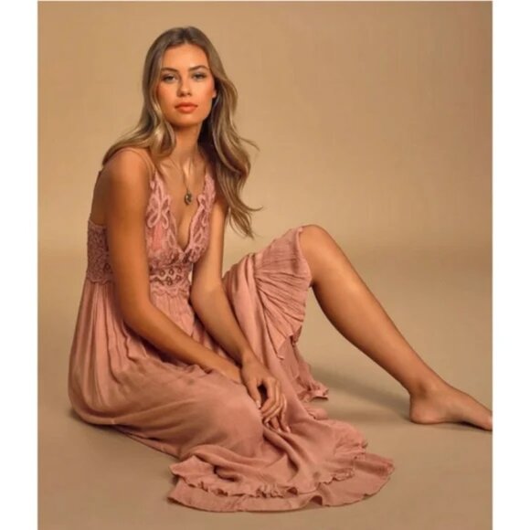 Free People One Adella Lace Slip Maxi Dress Rose Pink Womens Size Small - Picture 2 of 16